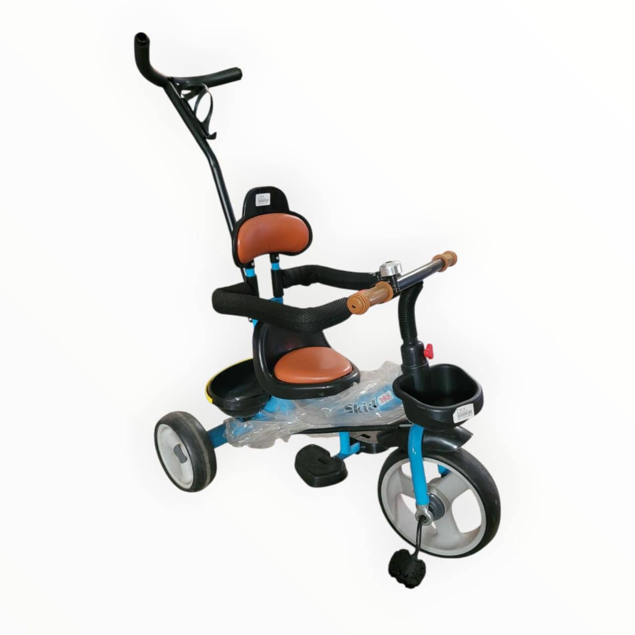 Children's tricycle with brown seat and blue frame on a white background