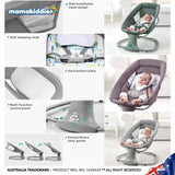 Baby bouncer with features highlighted and baby sitting in it.