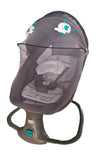 Gray baby swing with a patterned seat on a concrete floor.