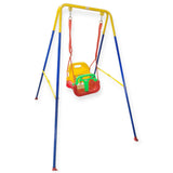 Colorful children's swing set with a red seat on a white background