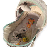 Baby bassinet with colorful lion design on a white background