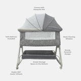 Gray baby crib with features listed on a white background