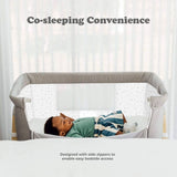 Baby lying in a co-sleeping crib with text 'Co-sleeping Convenience' and 'Designed with side zippers to enable easy bedside access'.