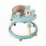 Baby walker with cartoon character and mushroom decorations on a white background