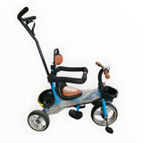 Children's tricycle with a seat and handlebar on a white background
