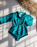 Teal baby abaya romper with black details