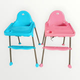 Two colorful high chairs, one blue and one pink, on a white background.