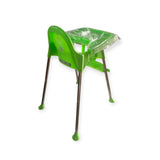 Green children's chair with a clear plastic cover on a white background