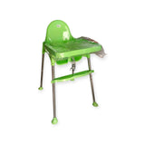 Green high chair with a tray on a white background