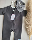 Black baby romper with checkered burp cloth, bib & pacifier