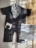 Black baby romper with checkered burp cloth, bib & pacifier