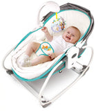 Baby in a white and gray baby swing with toys on a white background